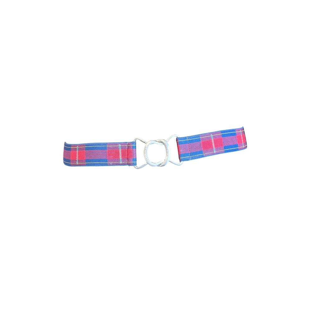 Vintage blue red plaid women’s stretch belt interlocking rings academia preppy